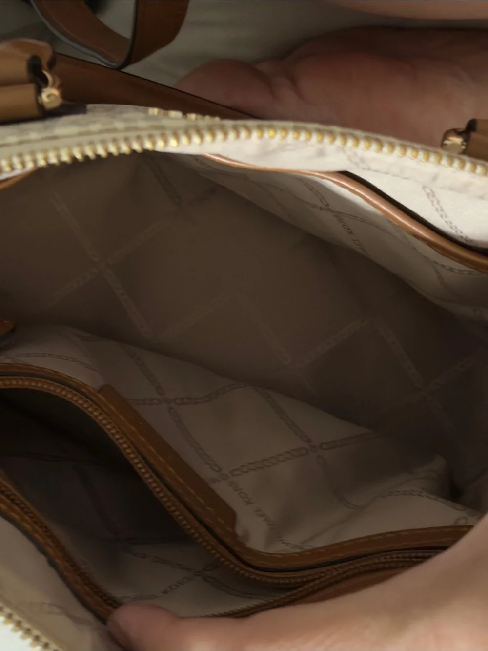 Michael Kors Beige Signature Logo and Tan Leather Satchel